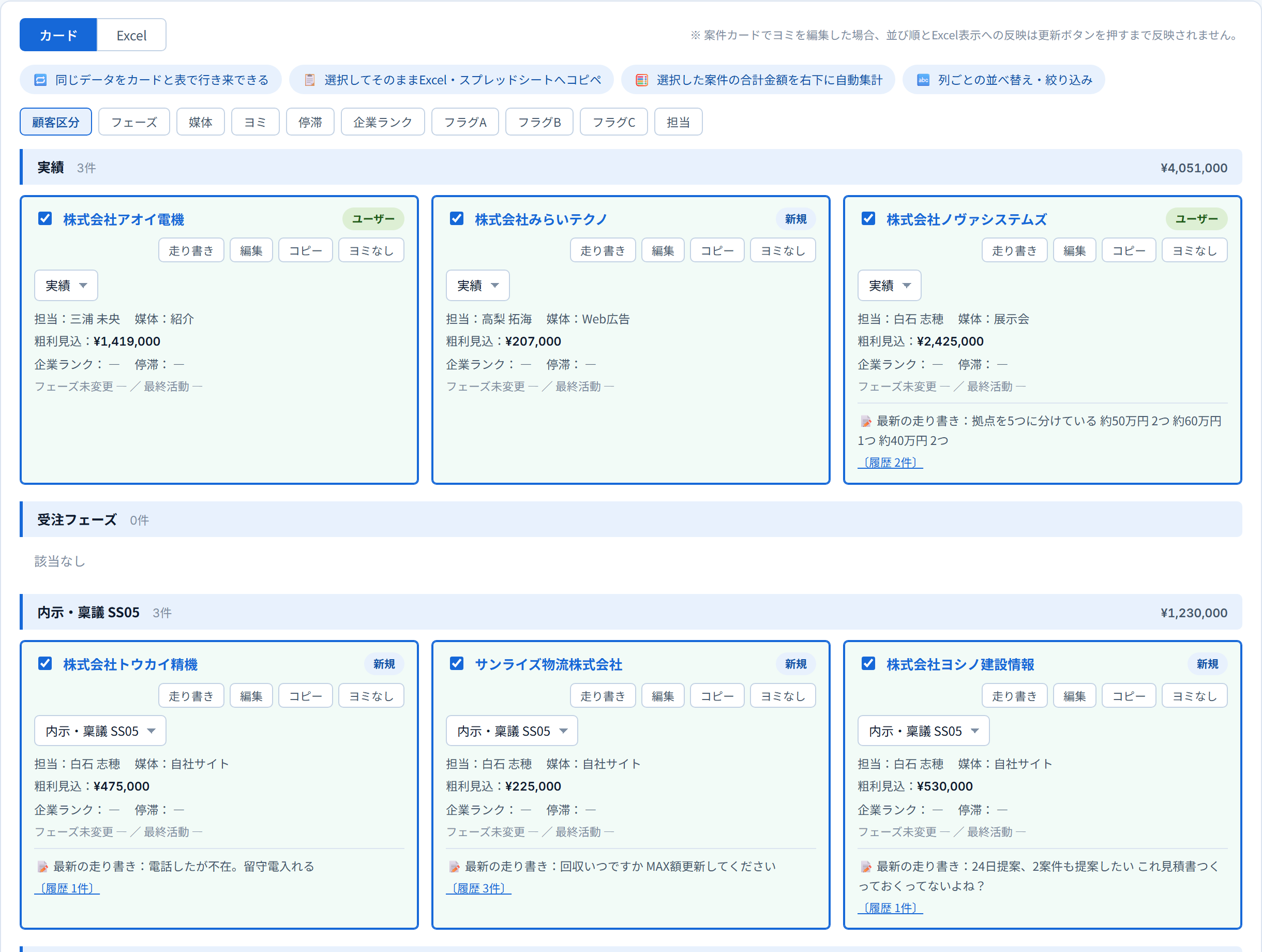 案件をフェーズ別のカードで並べた画面。カード表示と Excel 表示を切り替えられる。